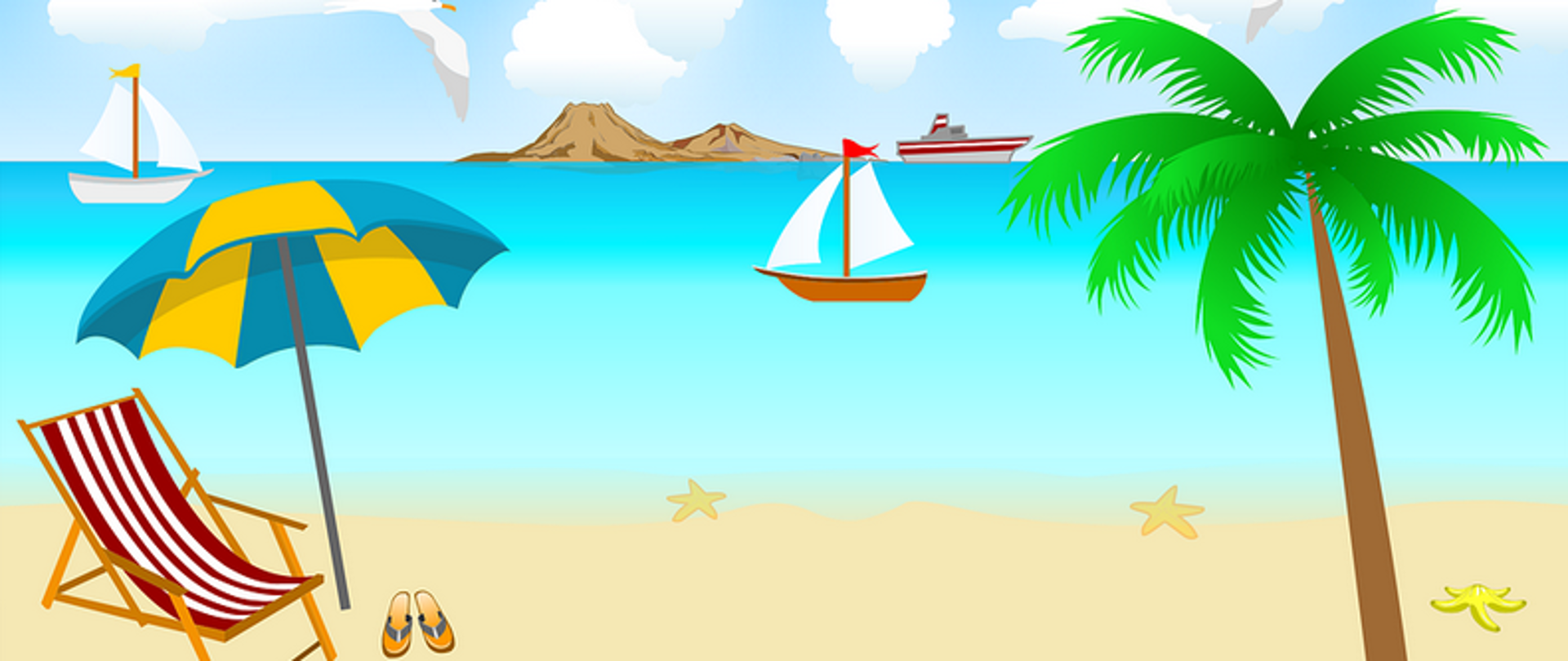 Grafika przedstawie plażę, na której widoczny jest leżak wraz z parasolem oraz klapkami. Widoczna jest również palma, natomiast w tle znajduje się wyspa, statek oraz żaglówki.