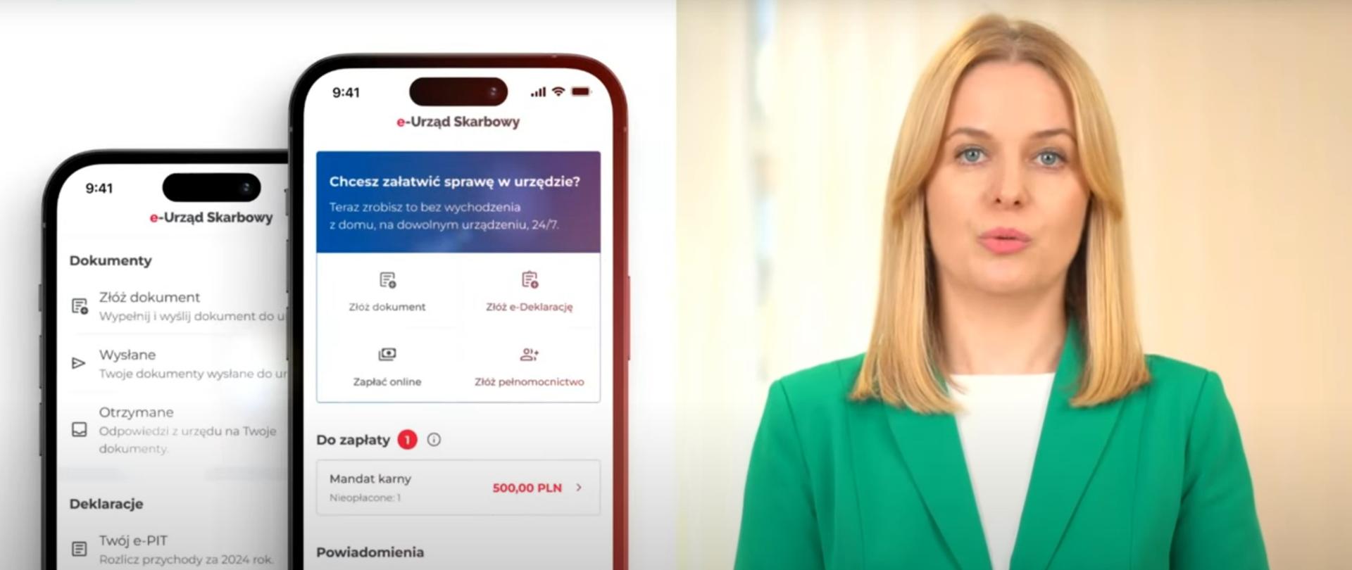 Kobieta w zielonej marynarce, ekrany telefonów z aplikacją e-Urząd Skarbowy.