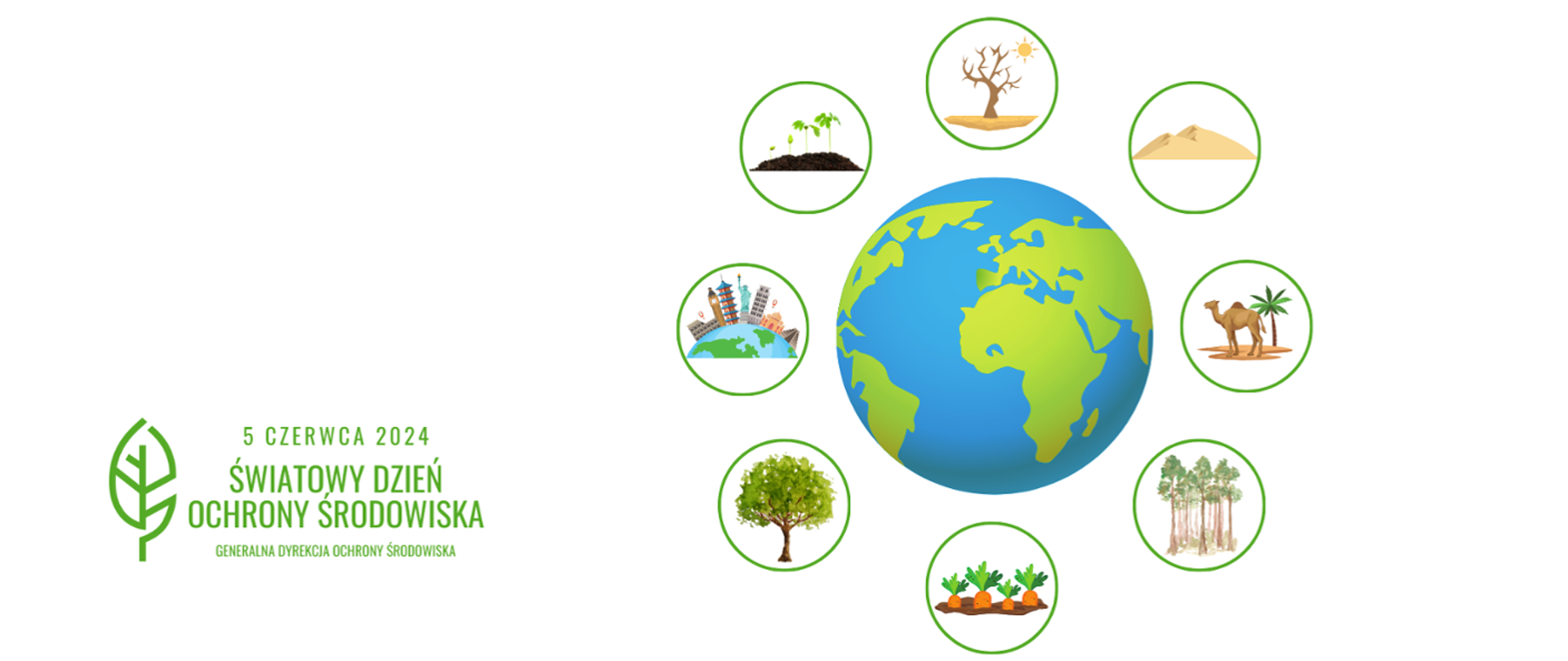 Dookoła rysunku kuli ziemskiej rysunku uschniętego drzewa, pustyni, lasów, miast, drzew. warzyw. W lewym dolnym rogu napis: 5 czerwca 2024 Światowy Dzień Ochrony Środowiska i logotyp Generalnej Dyrekcji Ochrony Środowiska (zielony liść).