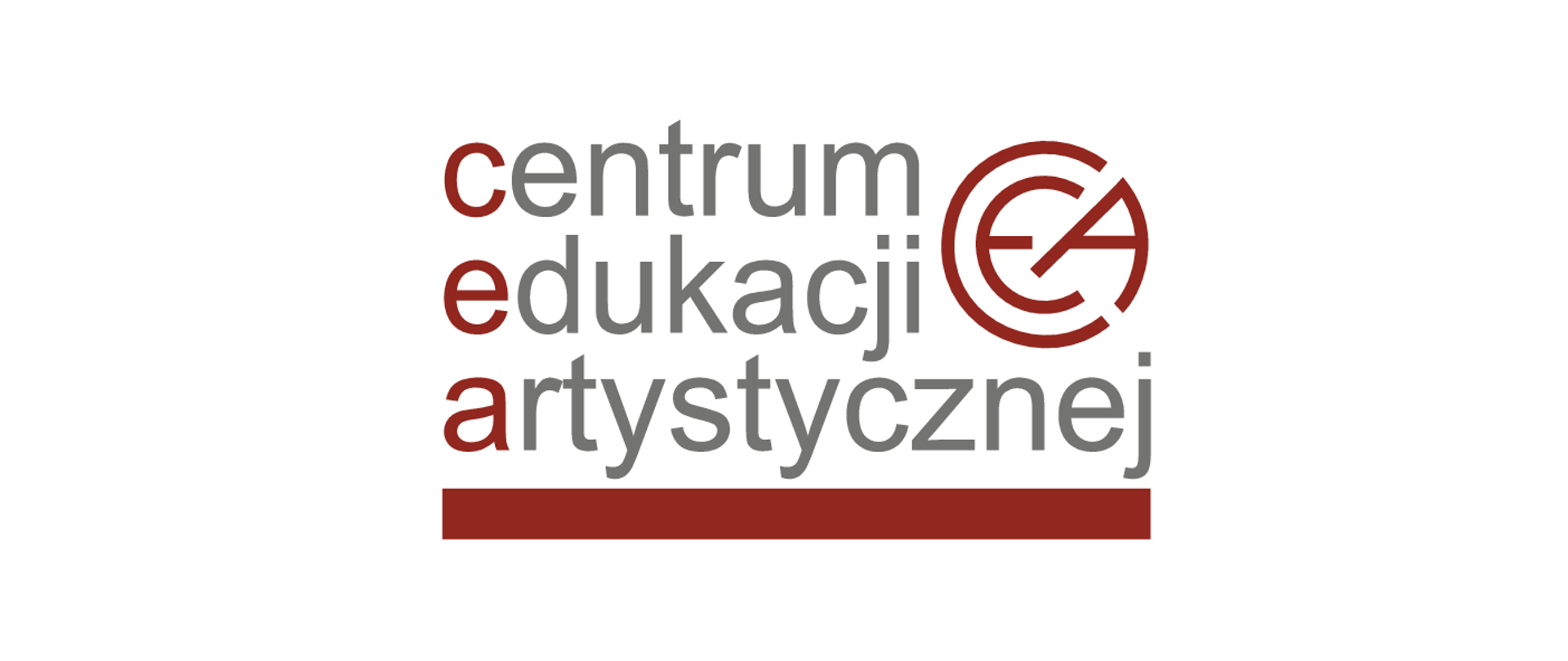 Tło logotypu białe. Na nim tekst "centrum edukacji artystycznej". Pierwsze litery każdego z wyrazów w kolorze czerwonym. Pozostałe litery w kolorze szarym. Wyrazy umieszczone jeden nad drugim. U dołu czerwone, grube podkreślenie. Z prawej koliste czerwone logo złożone z liter CEA splecionych koliście ze sobą.