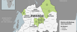 Mapa ukazująca obszary występowania gorączki krwotocznej Marburg w Rwandzie