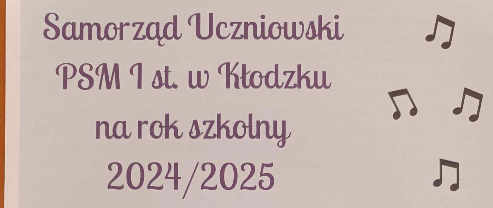 Plakat na kolorowym tle z wynikami wyborów do samorządu uczniowskiego w PSM I st. w Kłodzku na rok szkolny 2024/2025