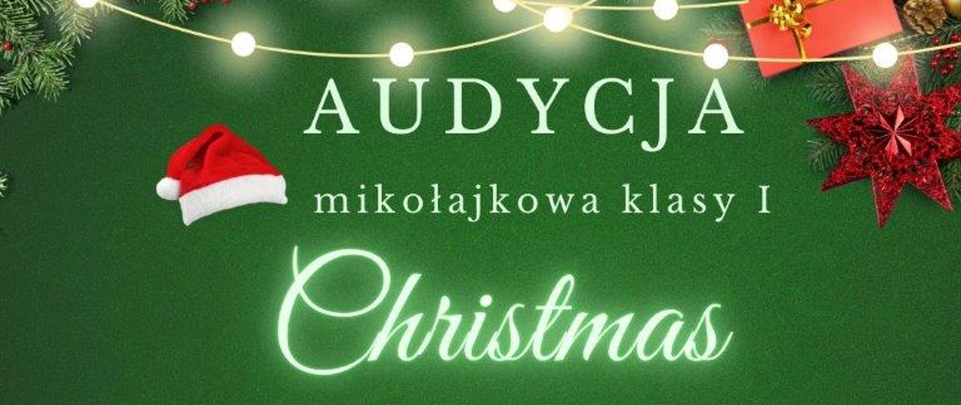 w górnej części gałązki iglaste przystrojone czerwonymi i złotymi bombkami oraz światełkami, w dolnej części gałązki iglaste z czerwonymi bombkami, całość na zielonym tle