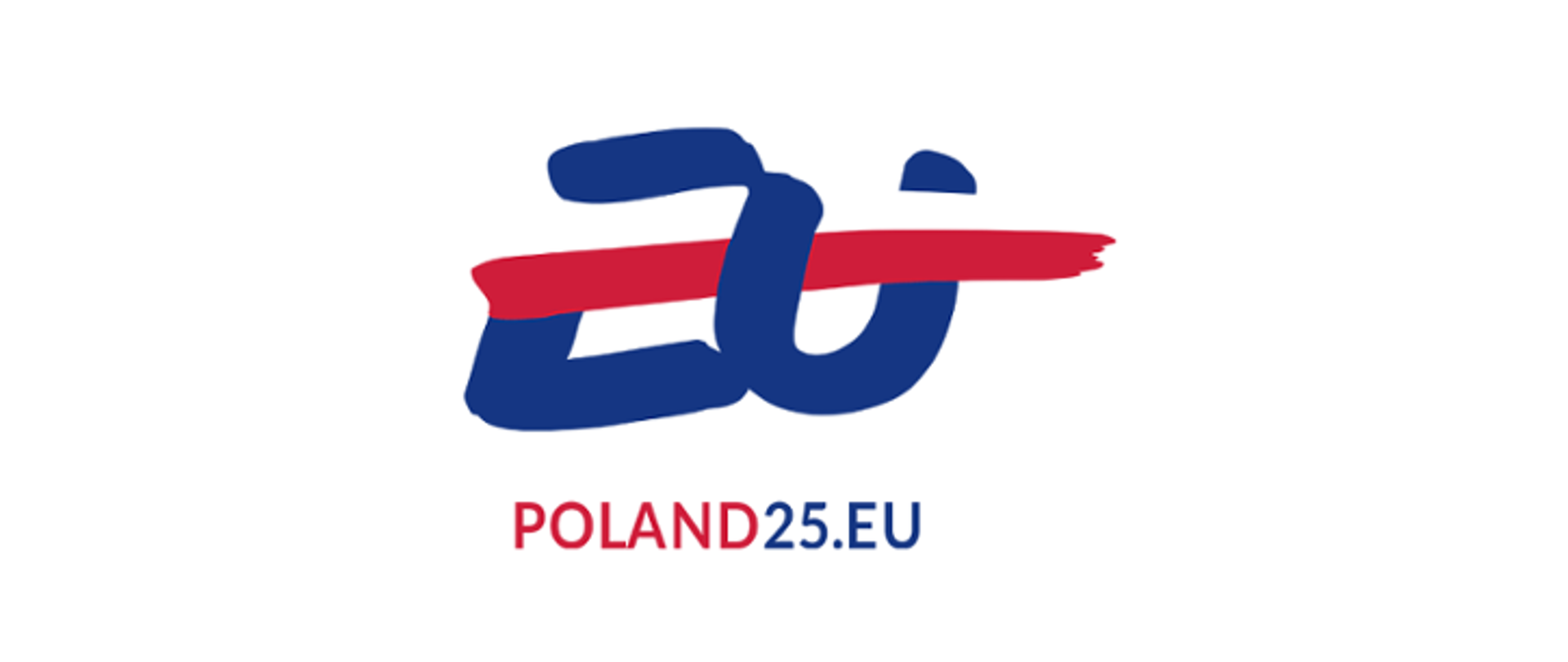 Logotyp Polskiej Prezydencji w Radzie UE przedstawiający niebieskie litery EU przecięte biało-czerwoną grafiką a pod nimi napis POLAND25.EU, Napis POLAND w kolorze czerwonym a 25.EU w kolorze niebieskim.