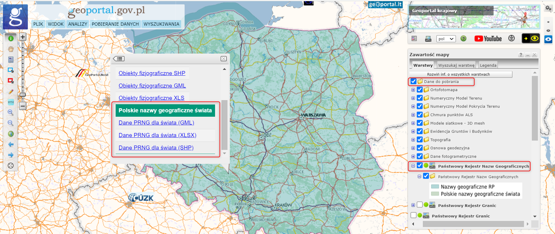 Rys.1. Ilustracja przedstawia okno strony geoportal.gov.pl z oznaczoną warstwą "dane do pobrania" i podwarstwą "Państwowy rejestr nazw geograficznych"