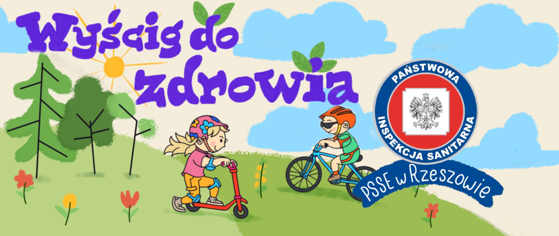 Dwójka dzieci podczas aktywności fizycznej. Dziewczynka jeździ na hulajnodze, a chłopiec na rowerze. po lewej stronie stronie na górze napis: "Wyścig do zdrowia", a po stronie prawej logo Państwowej Inspekcji Sanitarnej i podpisane PSSE w Rzeszowie