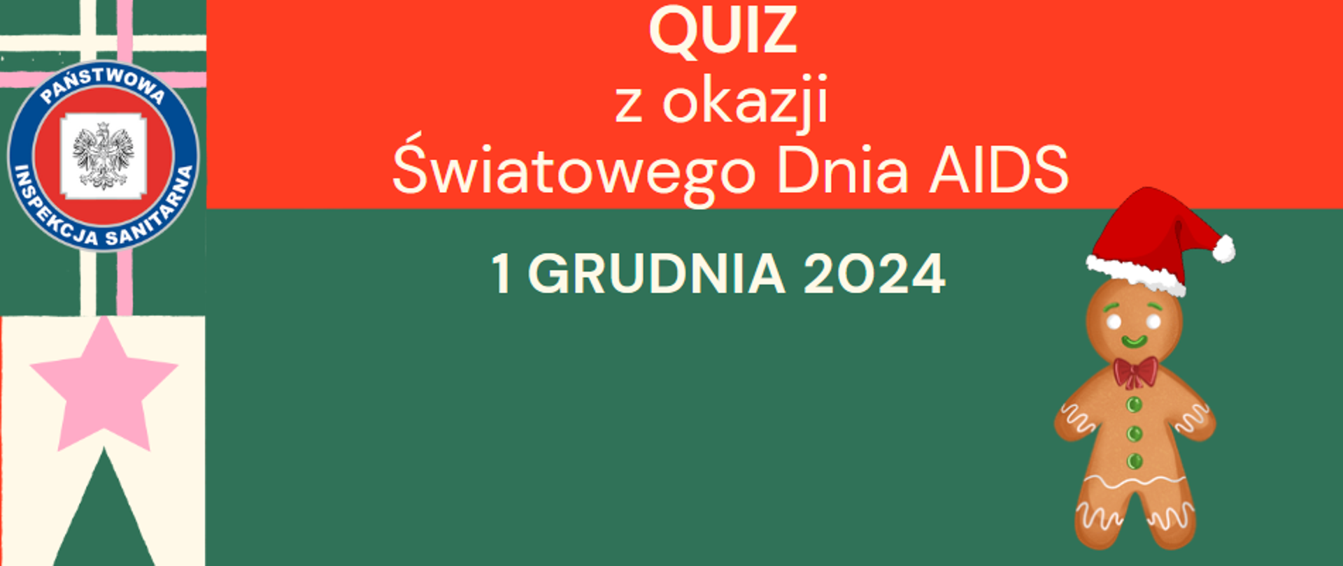 Grafika w kolorach czerwieni i zieleni przedstawia napis "QUIZ z okazji Światowego Dnia AIDS 1 grudnia 2024" oraz piernikowego ludzika w czapeczce Mikołaja