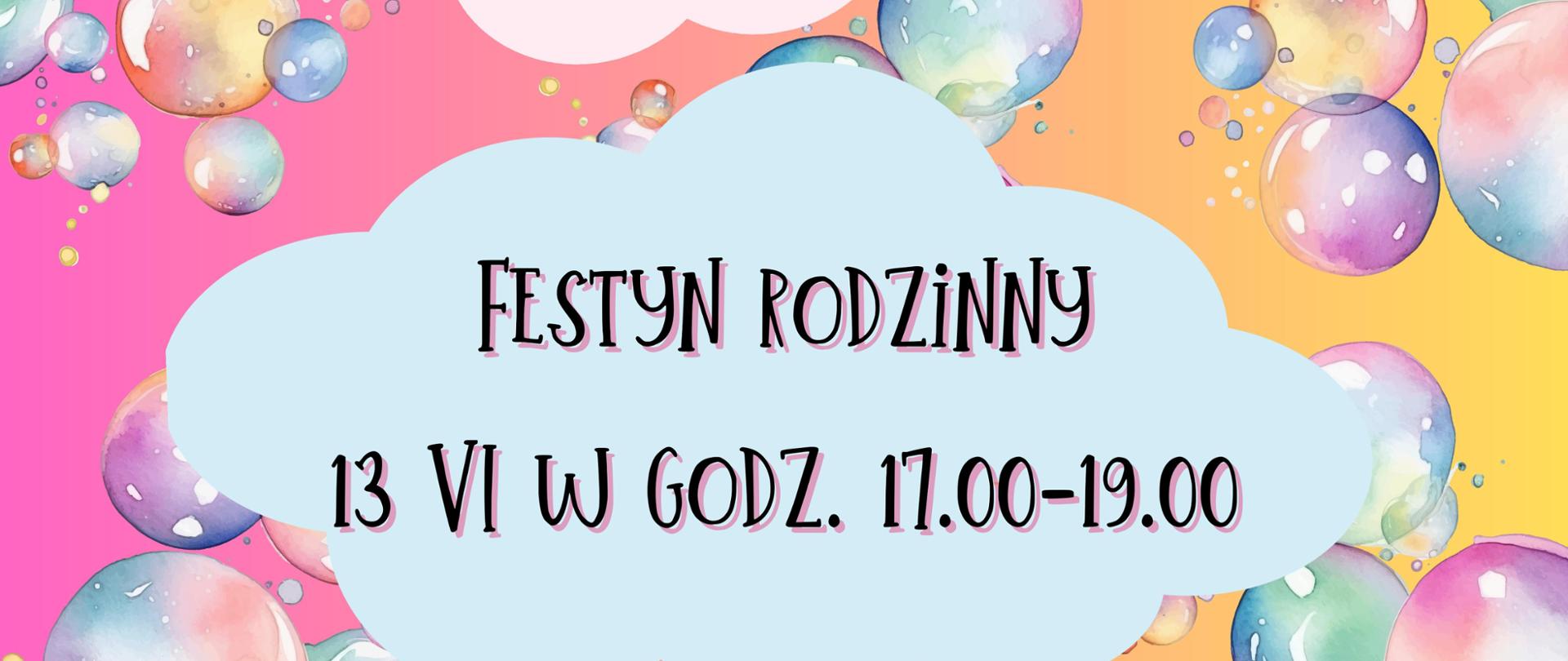 na kolorowej grafice zdjęcie skaczących, szczęśliwych dzieci, w kolorowych chmurkach napisy festyn rodzinny 13 czerwca 2024 w godz. 17.00 - 19.00, część artystyczna, gry i zabawy na świeżym powietrzu, słodki poczęstunek