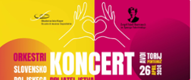 baner informujący o warsztatach orkiestrowych w Koper, na baner żółto czerwony a na banerze informacja o koncercie słoweńsko-polskich orkiestr młodzieżowych