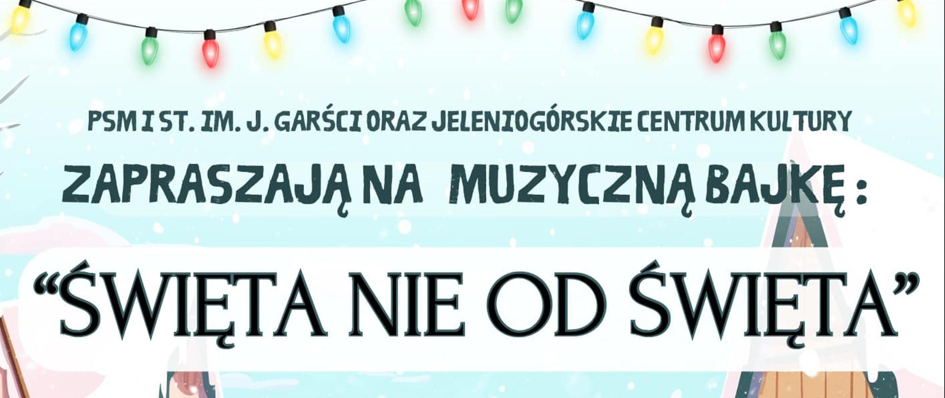 Plakat Koncertu Świątecznego, odbywającego się w dniu 18.01. 2025 r. o godz. 16.00 w Jeleniogórskim Centrum Kultury, przy ul Bankowej 25/30. Na plakacie widoczny jest krajobraz zimowy, drewniane stragany z biało-czerwonymi zadaszeniami. Pomiędzy straganami widoczna jest zaśnieżona ulica z z choinkami w donicach. Ponad ulicą znajdują się informacje: scenariusz: Martyna Pelc, Oprawa muzyczno - aktorska: uczniowie, nauczyciele i absolwencie Państwowej Szkoły Muzycznej I st. im. Janiny Garści w Jeleniej Górze oraz uczestnicy warsztatów Musicale Tini. Poniżej , w ramce data: 18.10.2025 r., godz. 16.00, JCK, ul. Bankowa 25/30. Poniżej : bilety do nabycia na stronie jck.pl