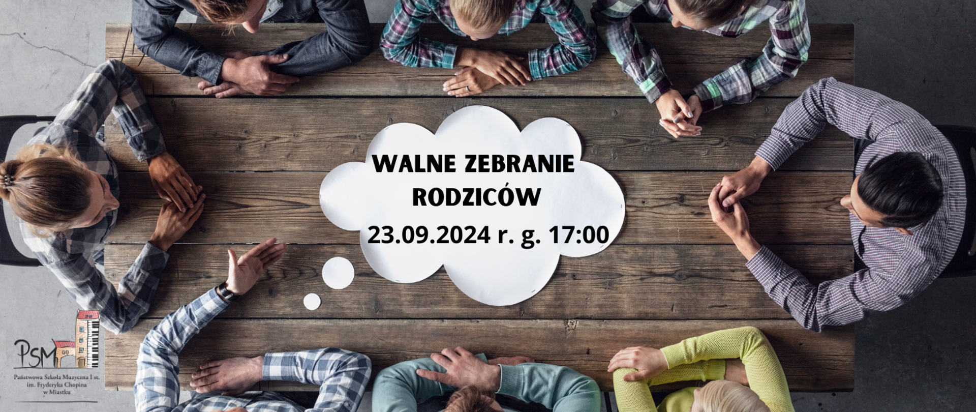 Grafika informująca o terminie zebrania z rodzicami (Walne Zebranie Rodziców 23.09.2024 r. g. 17:00