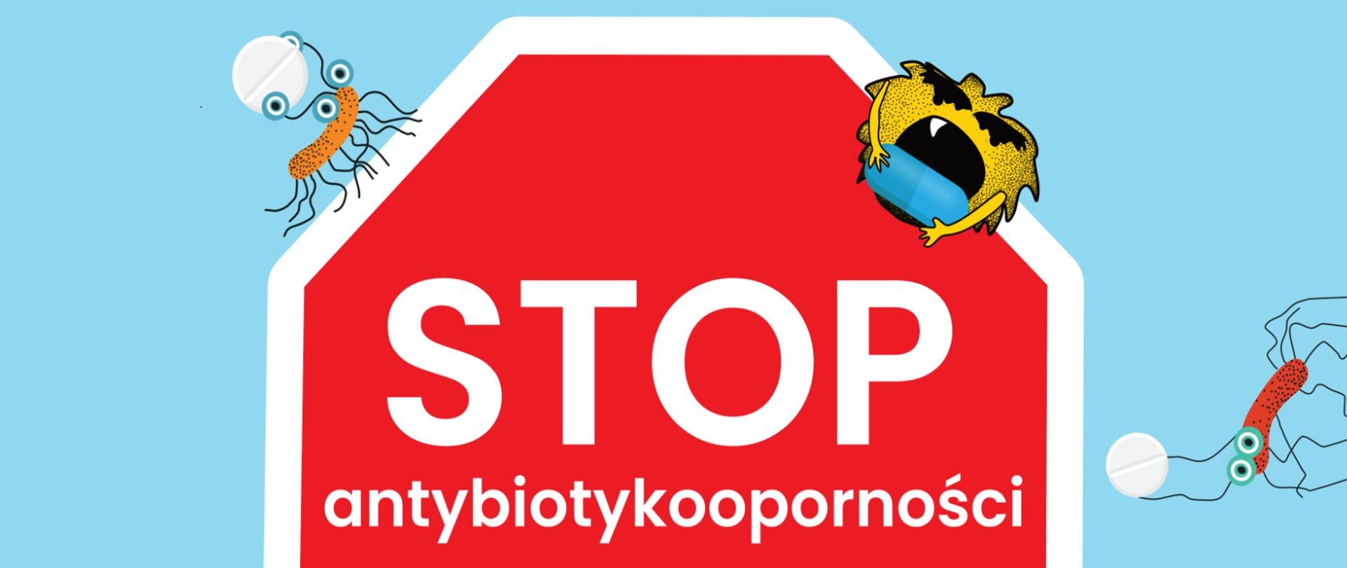 Grafika na której widnieje czerwony znak drogowy z napisem STOP antybiotykoodporności.