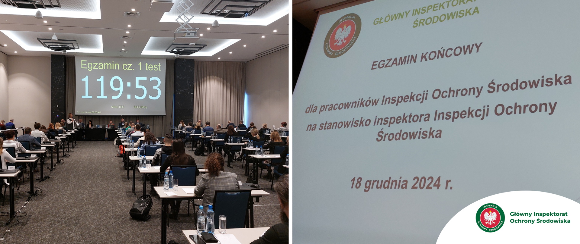 Sala konferencyjna, stoliki, ekran, kursanci zdający egzamin