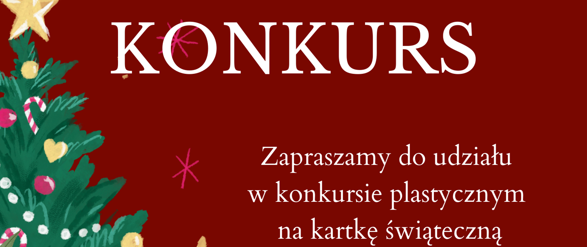 Na czerwonym tle postać mikołaja z choinką oraz informacja o konkursie na muzyczną kartkę świąteczną