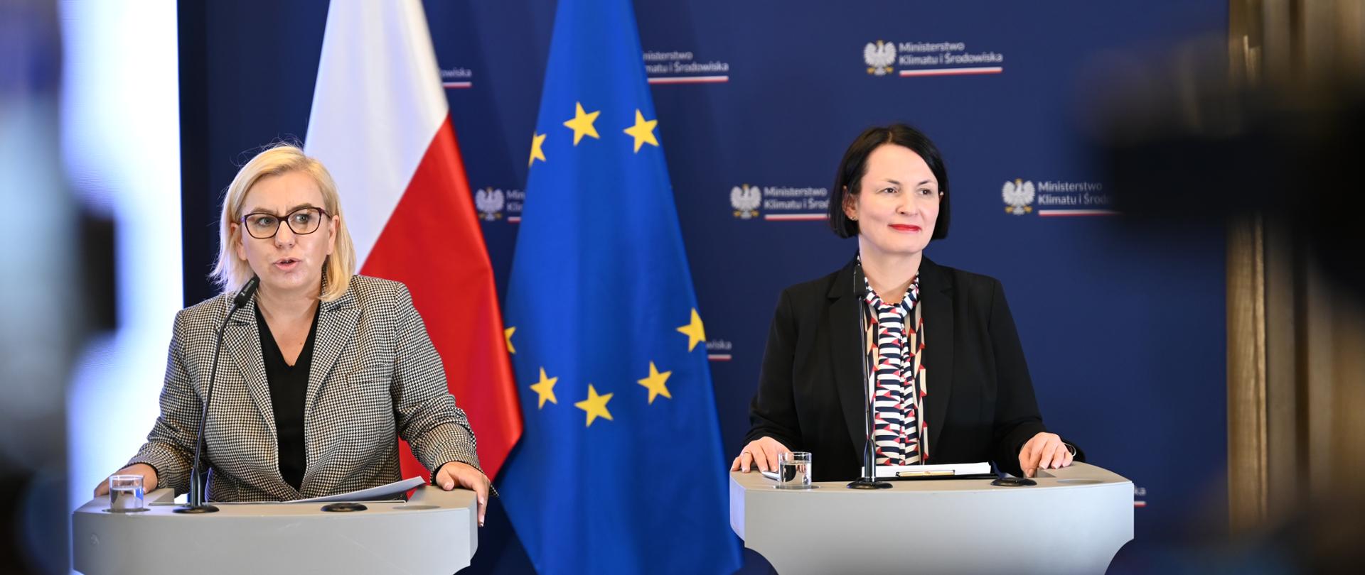 Ministra klimatu i środowiska Paulina Hennig-Kloska oraz prezeska Dorota Zawadzka-Stępniak podczas konferencji prasowej.