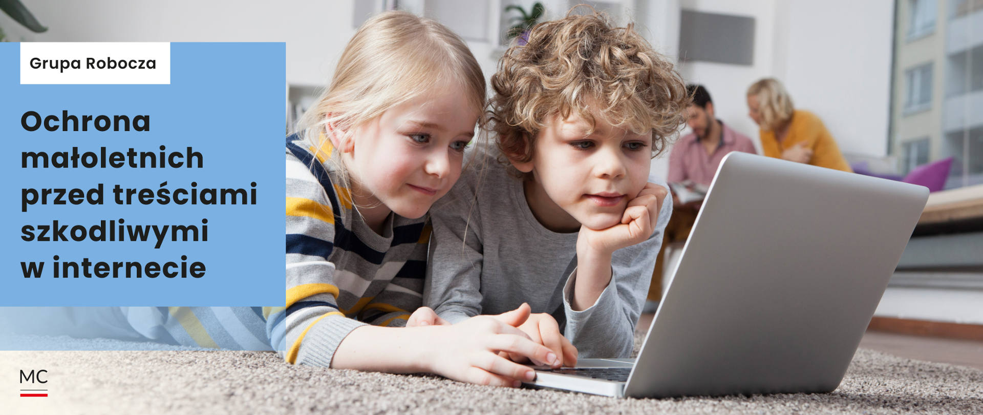 Na grafice, po lewej stronie napis Ochrona małoletnich przed treściami szkodliwymi w internecie, po prawej stronie zdjęcie dwójki dzieci patrzących na ekran komputera