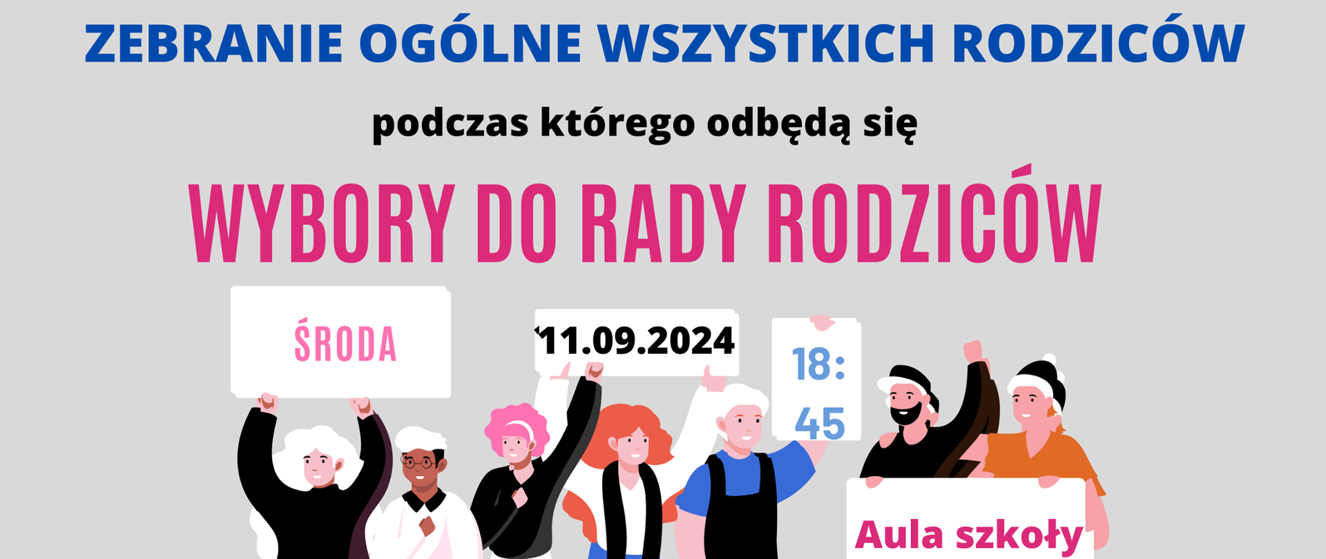 Zdjęcie przedstawia informację o zebraniu z rodzicami w środę 11.09.2024 w Auli szkoły