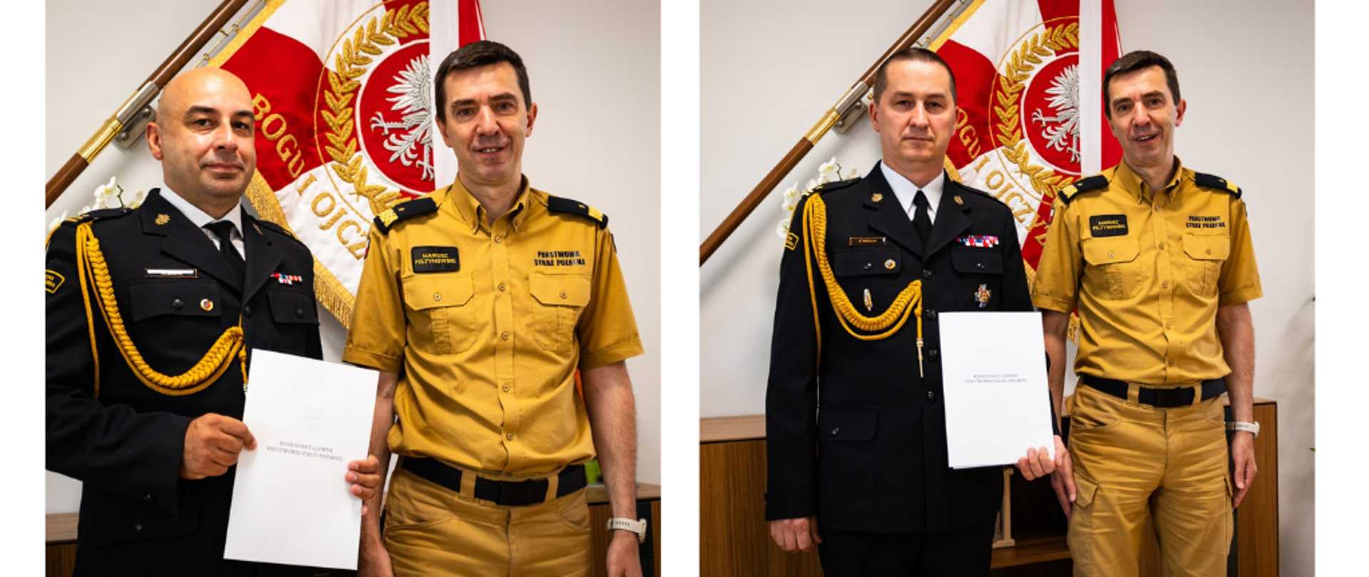 Kolaż dwóch zdjęć , na których jest Komendant Główny PSP wraz z awansowanymi oficerami PSP