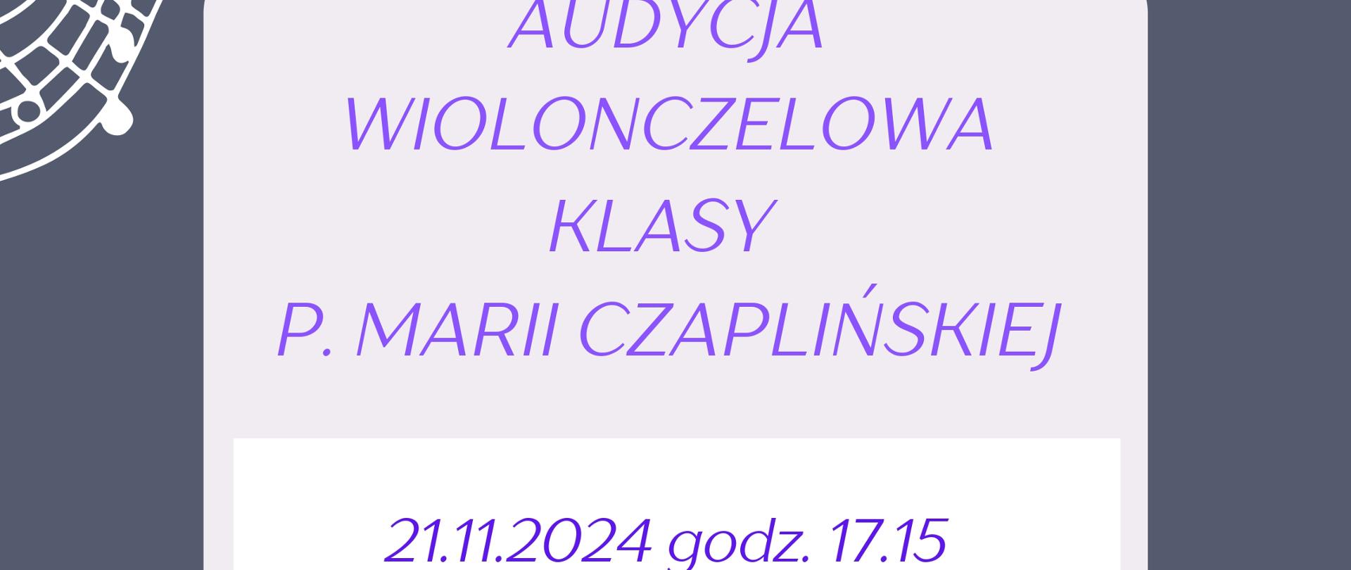 szare tło, w środku biały prostokat z opisem audycji wiolonczelowej, w lewym rogu wiolonczela i białe pięciolinie