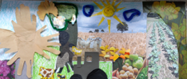 Praca konkursowa wykonana w technice kolażu z różnych materiałów naturalnych przedstawiająca gospodarstwo ekologiczne, w tym między innymi: odzyskiwanie wody z deszczówki, naturalne uprawy warzyw i roślin oraz hodowlę zwierząt.