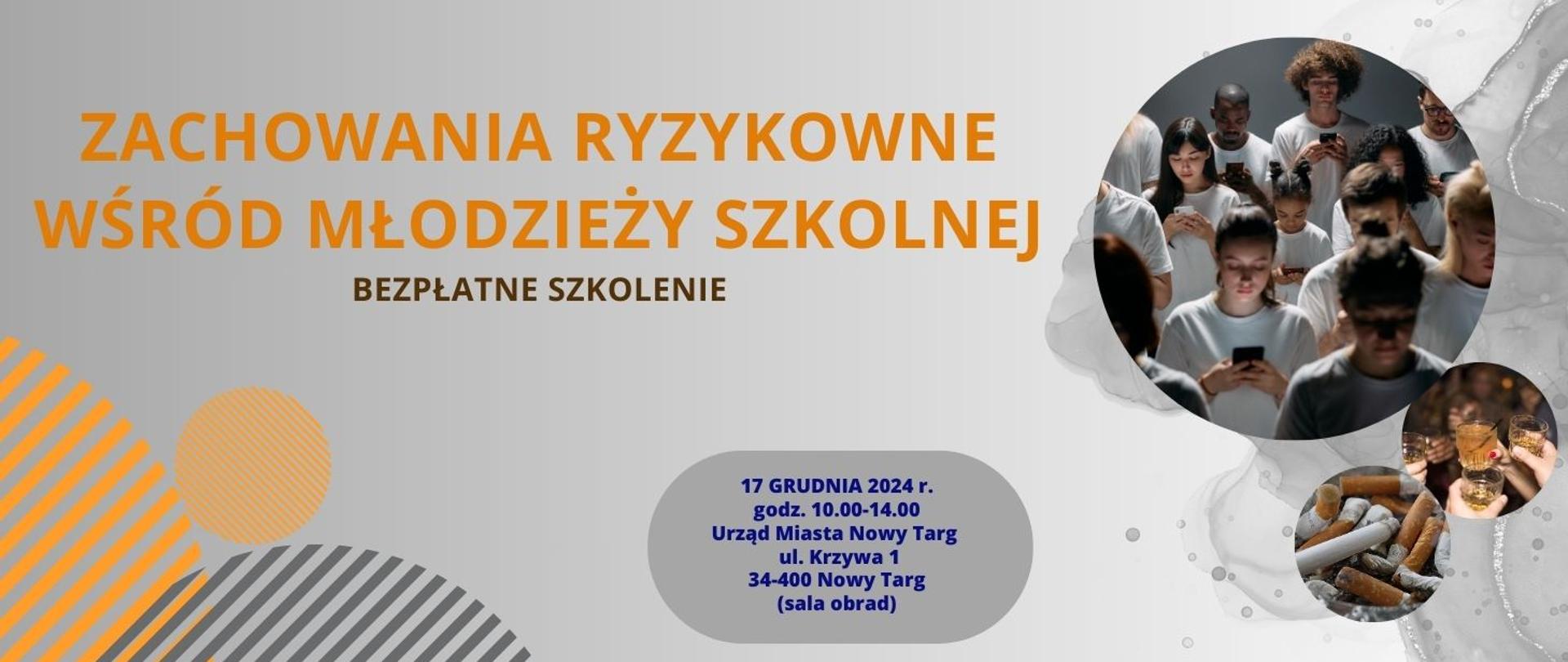 Plakat z napisem "Zachowania ryzykowne wśród młodzieży szkolnej" oraz zdjęciami młodzieży, alkoholu i tytoniu