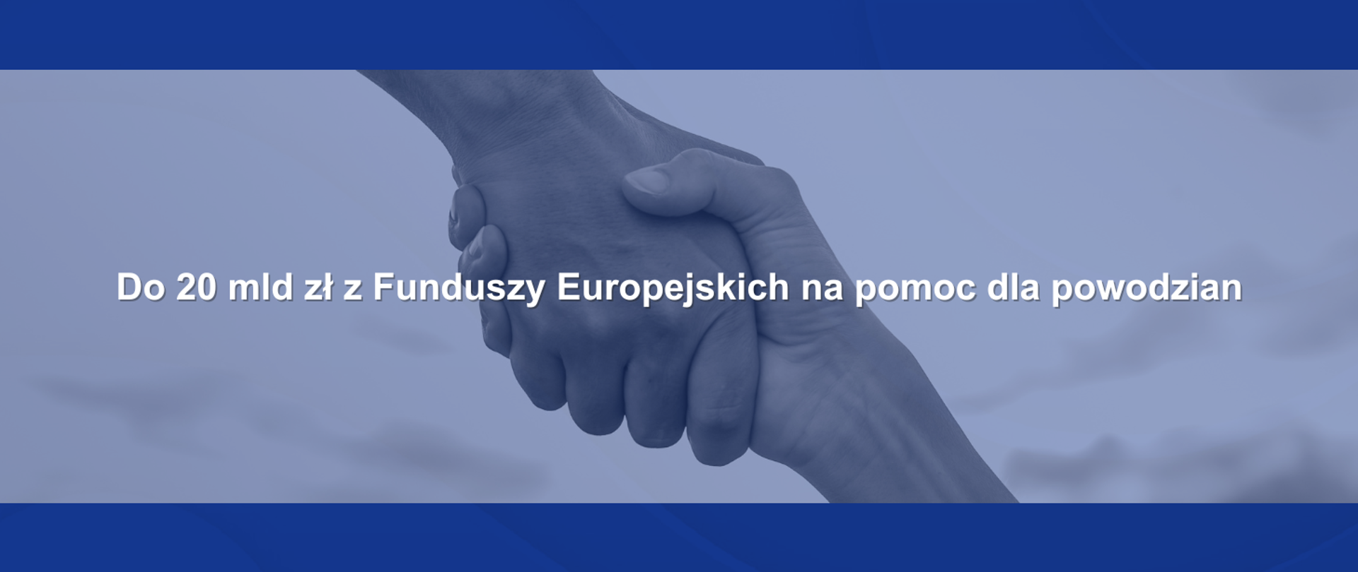 Grafika w jasnym, niebieskim kolorze z dwoma ciemnoniebieskimi pasami na dole i na górze. Dwie dłonie uścisku.