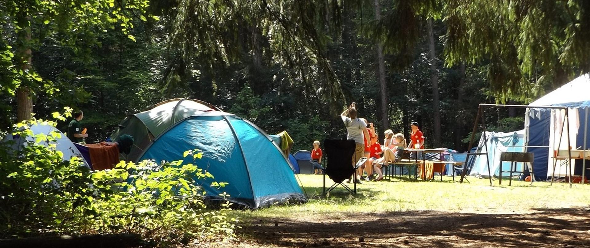 Namioty rozstawione na polu namiotowym, wśród licznych zielonych drzew. W tle znajdują się dzieci przebywające na obozie