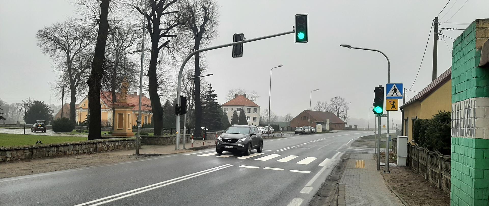 sygnalizacja świetlna nad przejściem dla pieszych , po obu stronach drogi widoczne zabudowania.