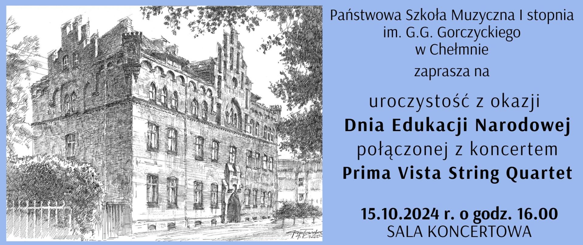 Na jednolitym tle, po lewej stronie grafika przedstawiająca budynek PSM w Chełmnie. Po prawej stronie tekst informujący o uroczystości i koncercie.