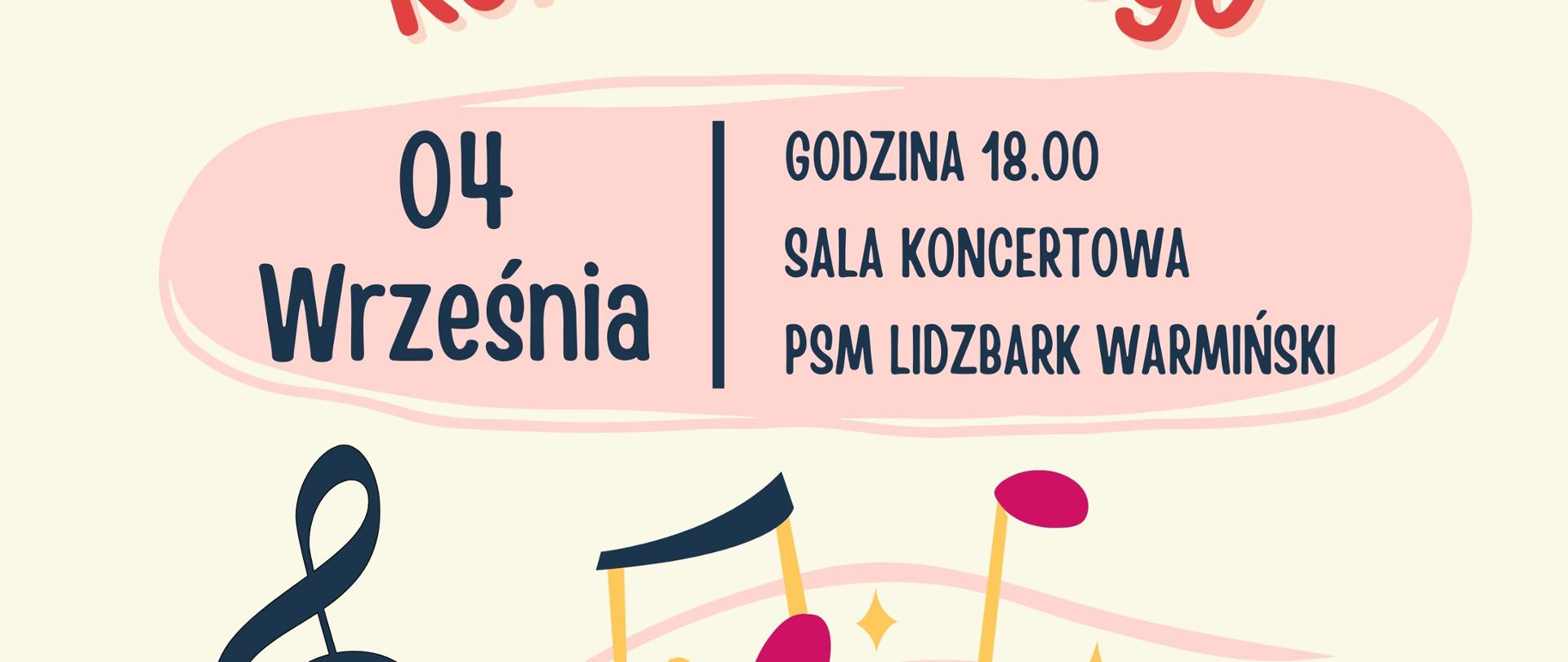 Na kremowym tle w górnej części plakatu widnieją 4 instrumenty w kolorach różu,czerwieni, żółtego i granatu-akordeon,bębenek,trąbka i gitara.Poniżej napis z informacją rozpoczęcia roku szkolnego i akcent pięciolinii z nutami. Na samym dole adres stron internetowej.