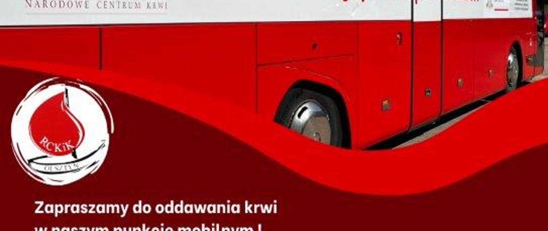 Na zdjęciu widać symbol Regionalnego Centrum Krwiodawstwa i Krwiolecznictwa oraz cześć autobusu.