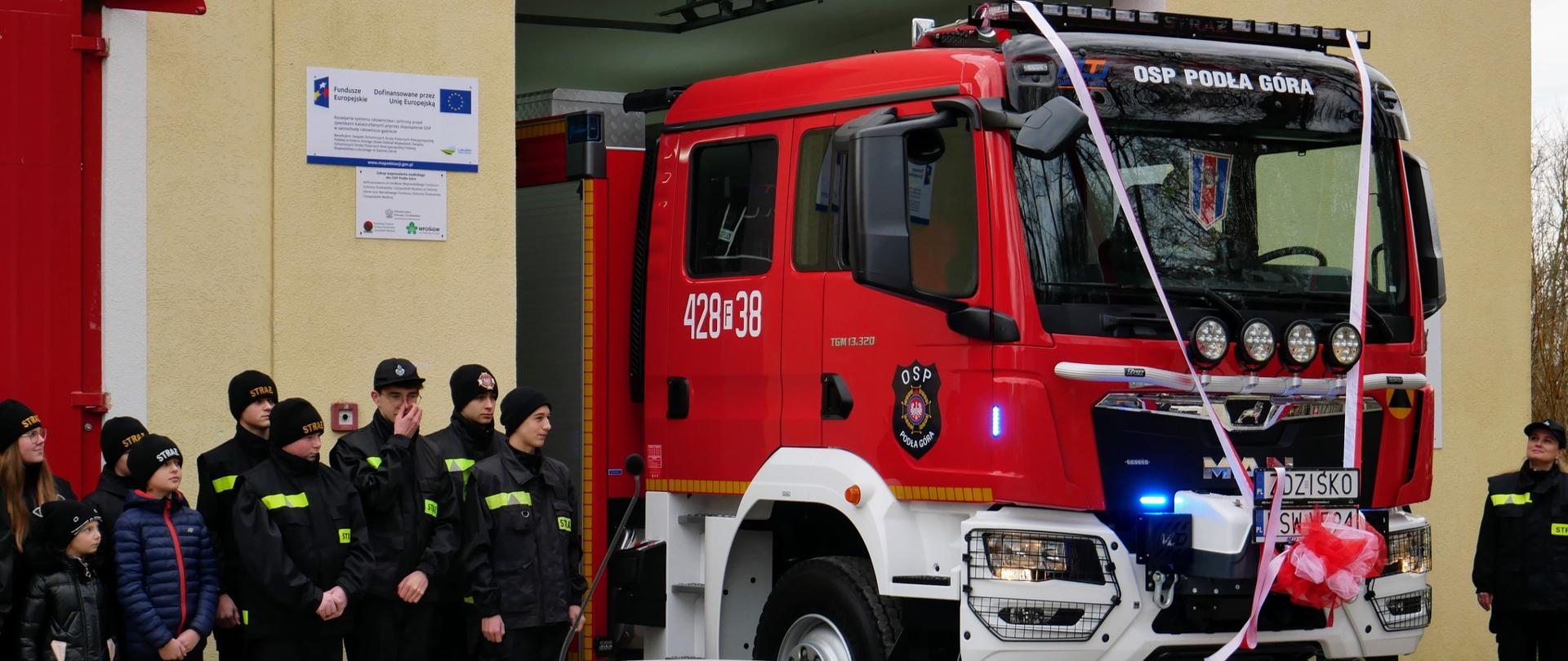 W centrum kadr nowy czerwony wóz strażacki marki MAN ozdobiony wstęgami i kokardą. Obok stoi grupa młodzieży w ubraniach strażackich z odblaskowymi pasami. Na ścianie remizy tablica informująca o dofinansowaniu projektu ze środków Unii Europejskiej.