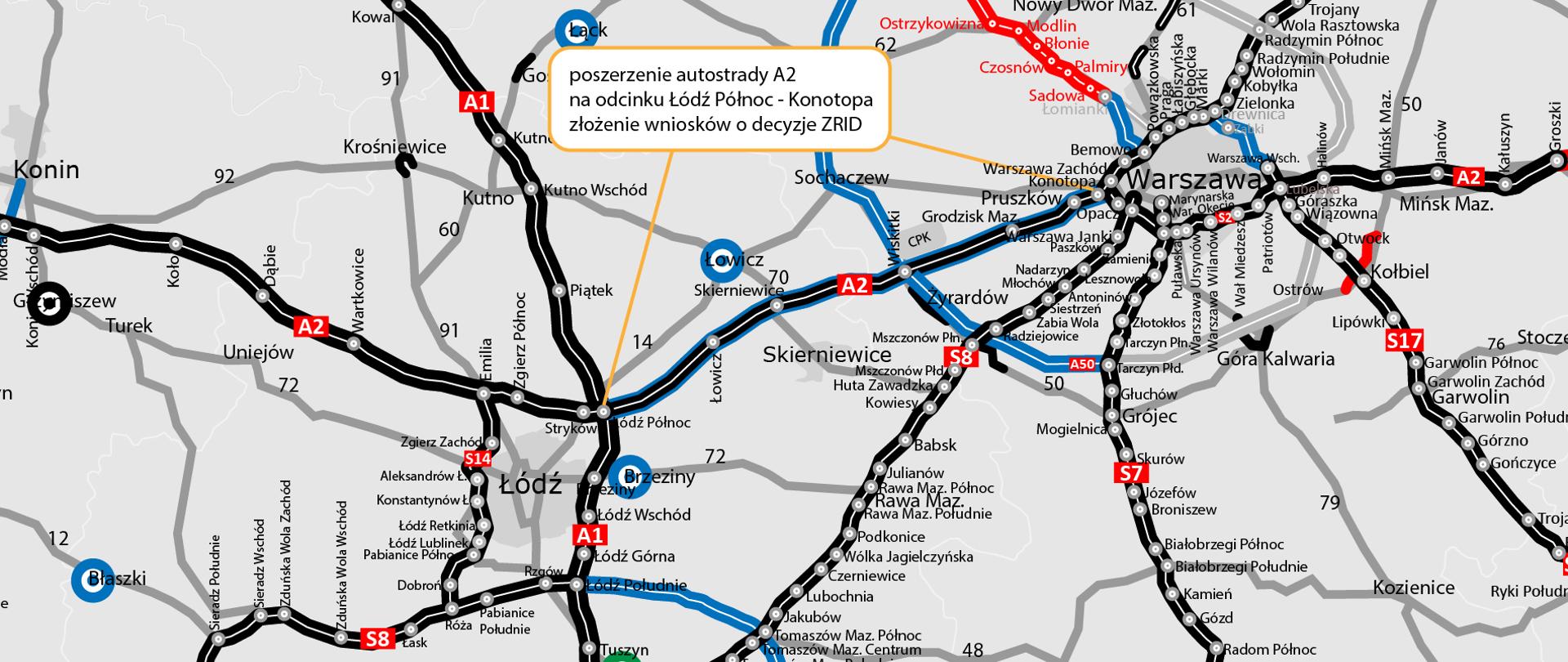 Mapka A2 poszerzenie Łódź - Warszawa