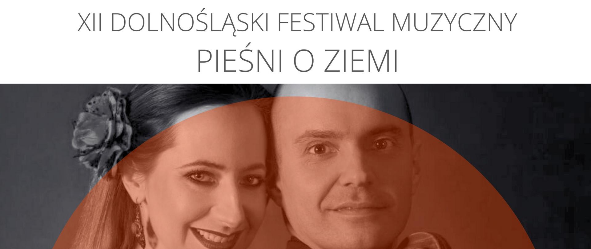 Plakat, na środku zdjęcie duetu; tekst: XII Dolnośląski Festiwal Muzyczny "Pieśni o Ziemi", DUO FORTECELLO, Anna Argenty - wiolonczela, Philippe Argenty - fortepian, 20 września 2024 r. godz 18.00