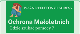 Jasnozielony plakat z ciemniejszym odcieniem zieleni ramki na samej górze, w prawym rogu skulone, smutne dziecko obok białe napisy.