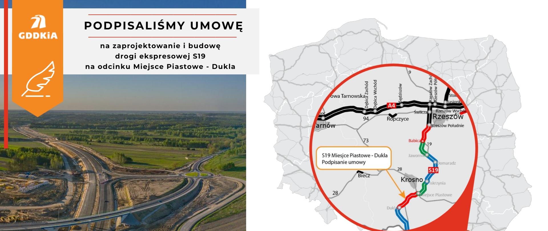 Infografika S19 Miejsce Piastowe - Dukla, zdjęcie z budowy S19 oraz mapa Polski z lokalizacją odcinka S19 Miejsce Piastowe - Dukla 