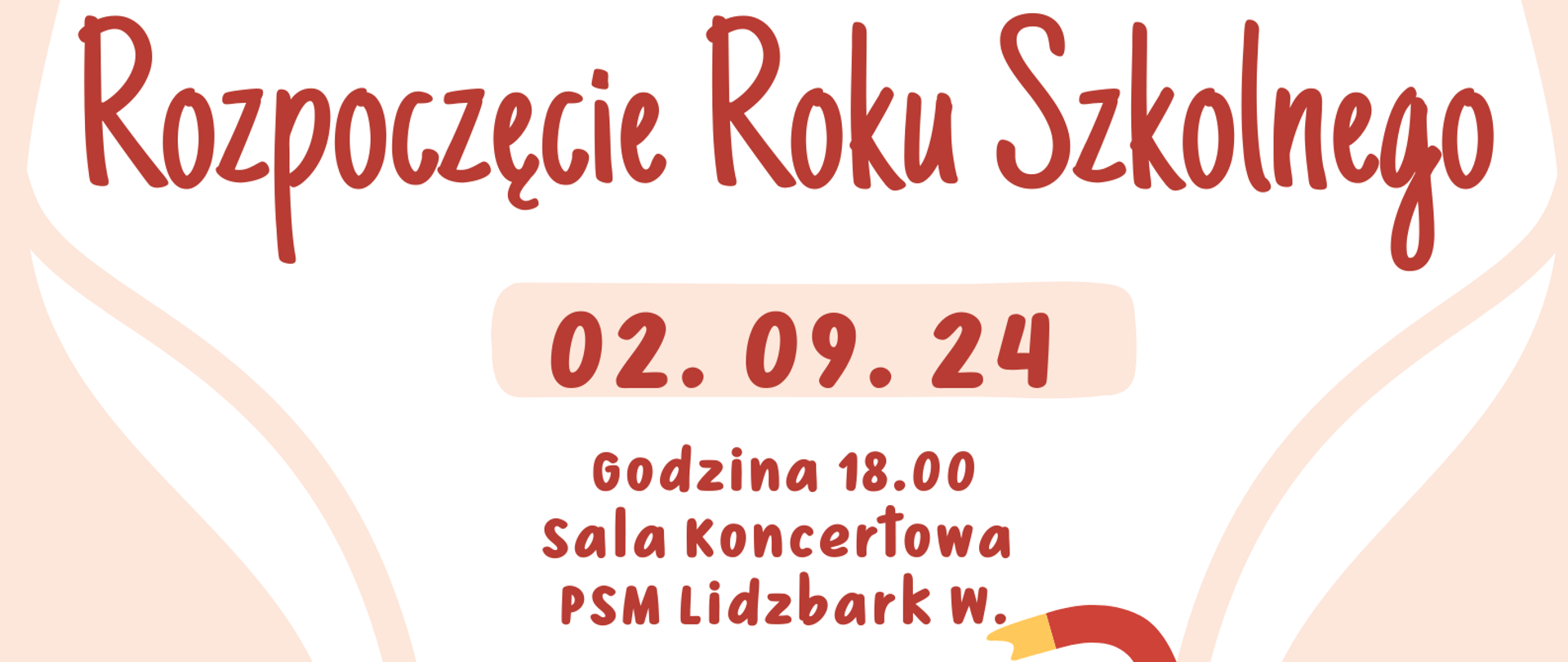 Na środku plakatu rozpoczęcia roku szkolnego 2024/2025 na samej górze logo szkoły z nazwą szkoły i żółtym saksofonem. Poniżej w kolorze brązu data imprezy i miejsce. Na dole 4 instrumenty w kolorze miodu i brązu.