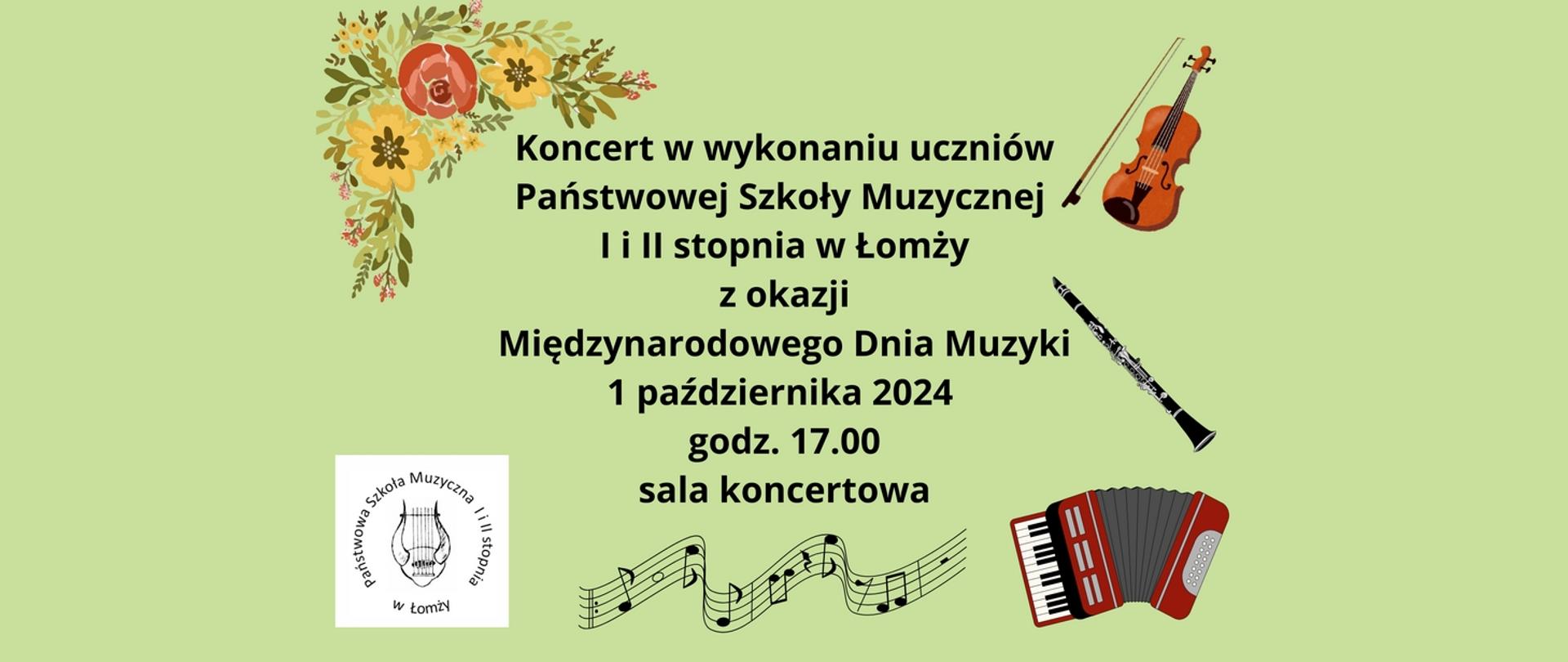 baner: na seledynowym tle dane na temat koncertu, otoczone ikonami instrumentów i nut