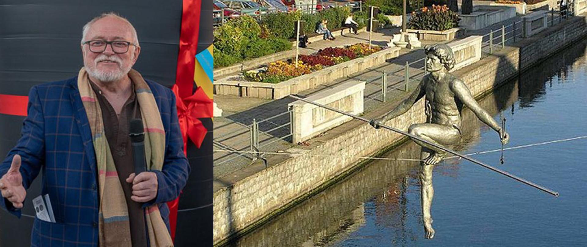Zdjęcie przedstawia z lewej strony Jerzego Kędziorę na czarnym tle, z prawej strony rzeźbę "Przechodzący przez rzekę" nad Brdą w Bydgoszczy, postać balansująca na linie nad płynącą rzeką 