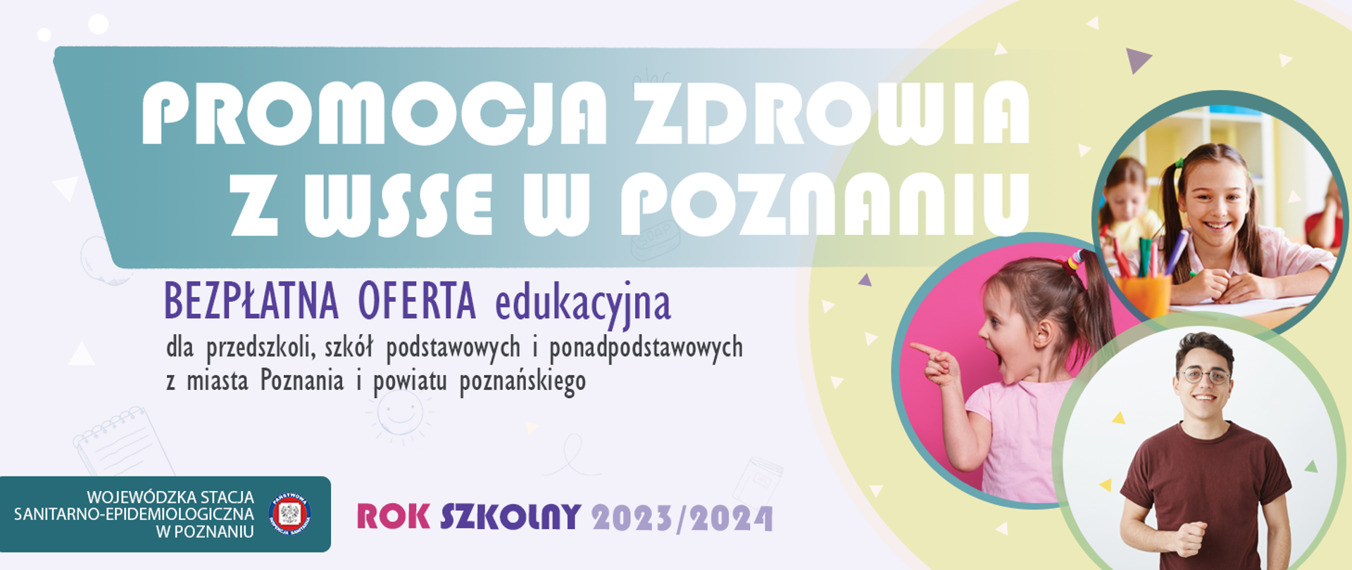 promocja zdrowia z WSSE w Poznaniu baner informacyjny, bezpłatna oferta edukacyjna dla przedszkoli, szkół podstawowych i ponadpodstawowych