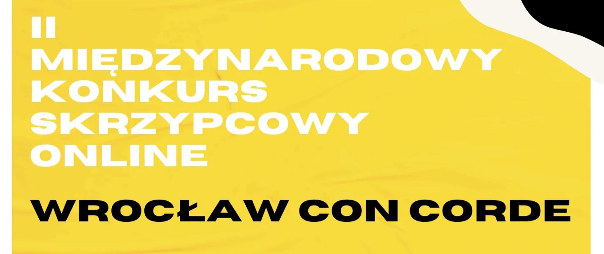 Na żółtym tle, u góry dane organizatora konkursu oraz jego nazwa. Poniżej, po lewej stronie, grafika skrzypiec w różnych pozycjach. Po prawej stronie logotypy organizatorów.