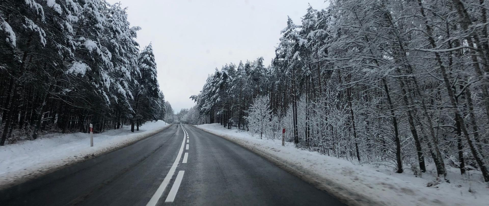 Droga krajowa w aurze zimowej o nawierzchni czarnej, mokrej. Po bokach lasy, drzewa i pobocza pokryte śniegiem.