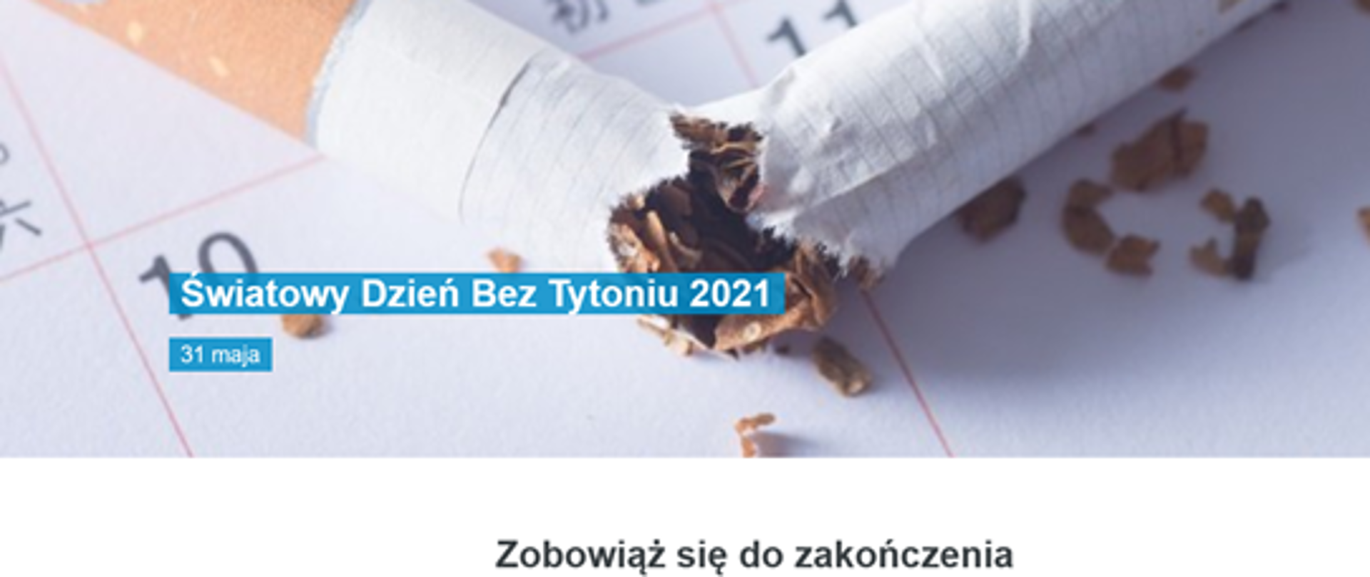 Na białym tle widoczny złamany papieros w tytoniem. Na niebieskim tle widnieje biały napis Światowy Dzień Bez Tytoniu. 31 maja. W dolnej części obrazu na białym tle czarny napis hasła tegorocznego dnia "Zobowiąż się do zakończenia" 