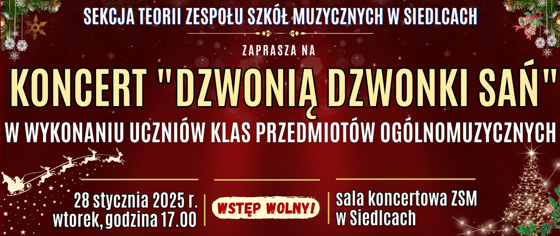 baner z ciemno czerwonym tłem z elementami świątecznymi typu clipart oraz informacja o wydarzeniu