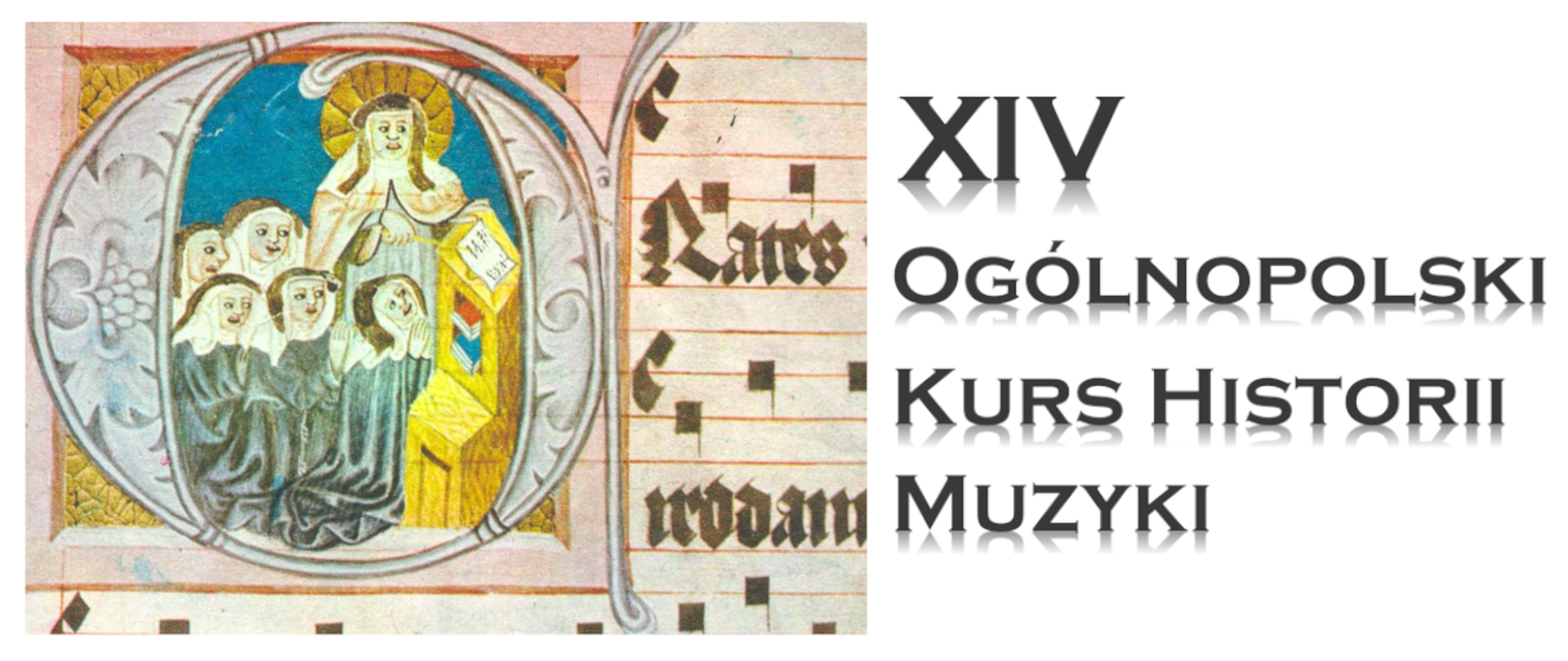 Na jasnym tle zdjęcie ryciny z epoki oraz fragment średniowiecznego zapisu nutowego 