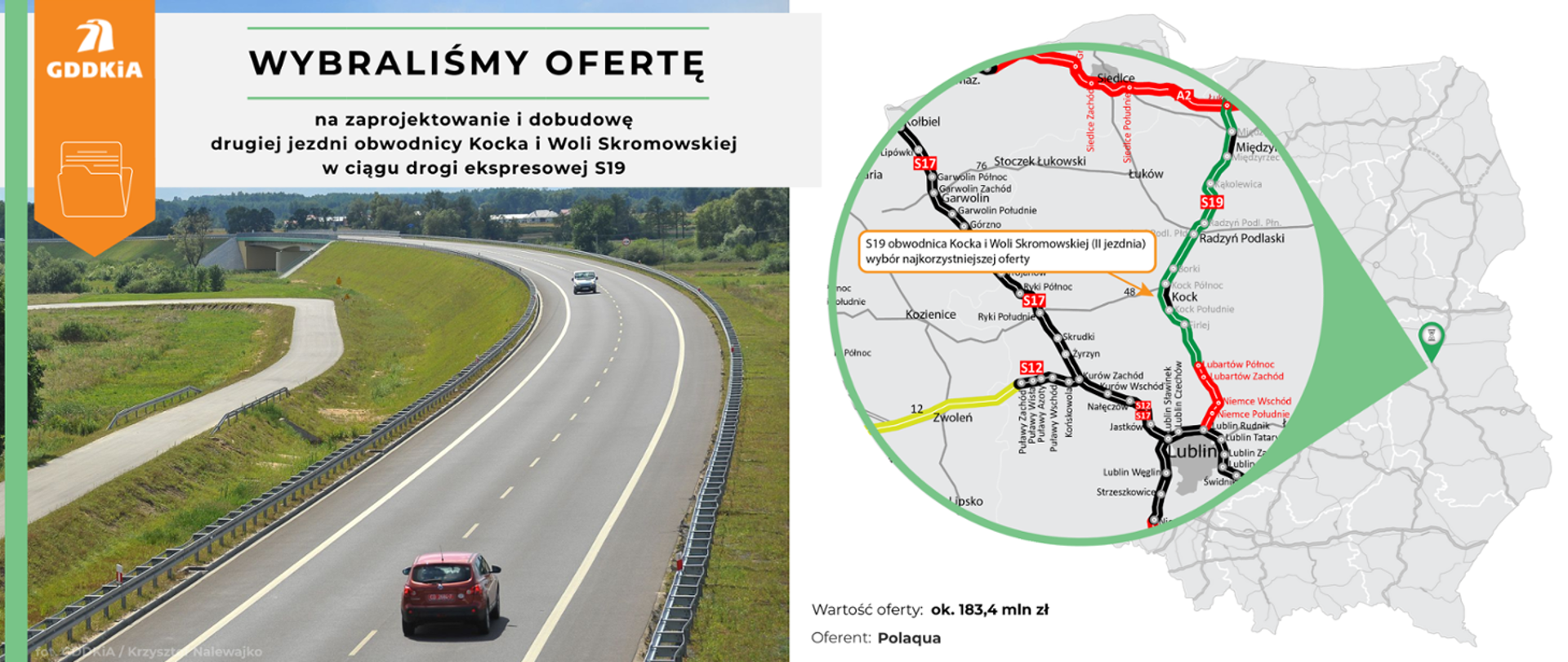 Infografika dot. wyboru oferty w przetargu na projekt i budowę drugiej jezdni obw. Kocka i Woli Skromowskiej w ciągu S19