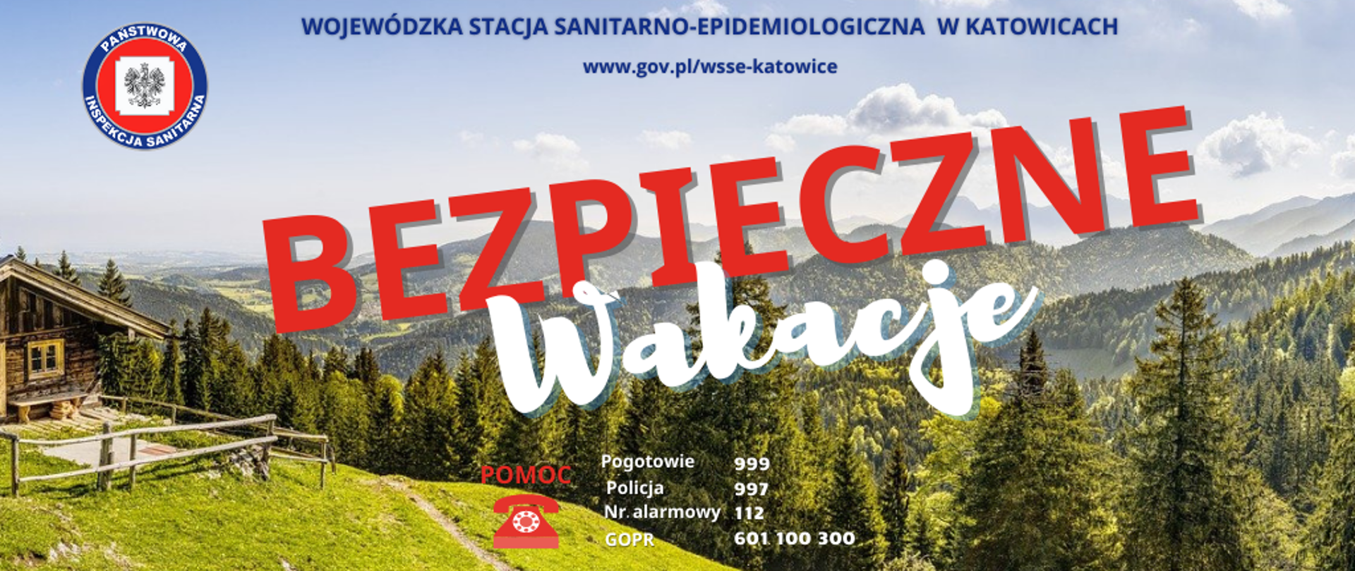 Baner Akcji Bezpieczne wakacje przedstawia panoramę górską, kolorowy napis Bezpieczne wakacje