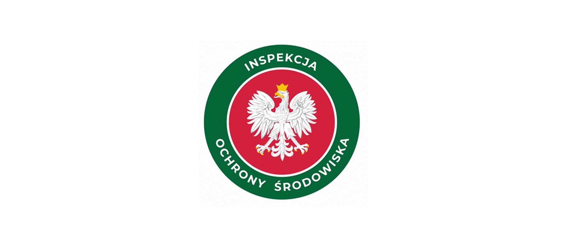 Okrągłe logo Inspekcji Ochrony Środowiska. Godło Polski, Orzeł w koronie, na czerwonym tle umieszczone wewnątrz zielonego okręgu z napisem Inspekcja Ochrony Środowiska.