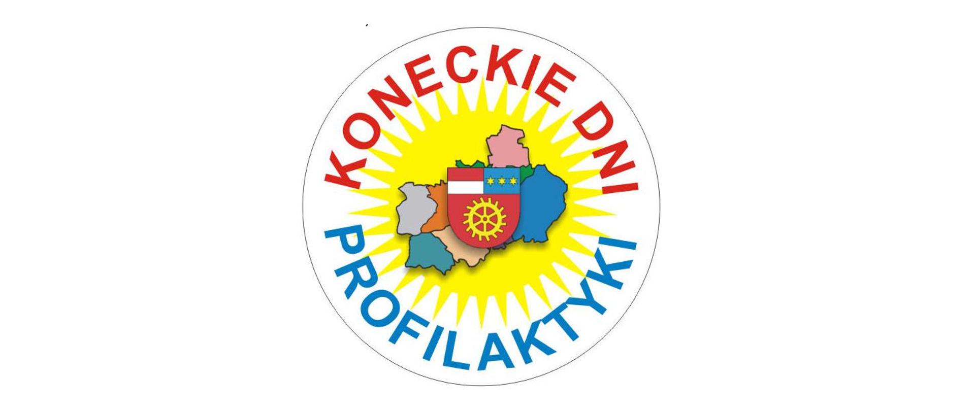 Logo - w ksztacie koła, w którym na obwodzie jest napis Koneckie Dni Profilaktyki, a w centrum są kontury powiatu koneckiego z podziałem na gminy i herbem powiatu i to wszystko na tle słońca.