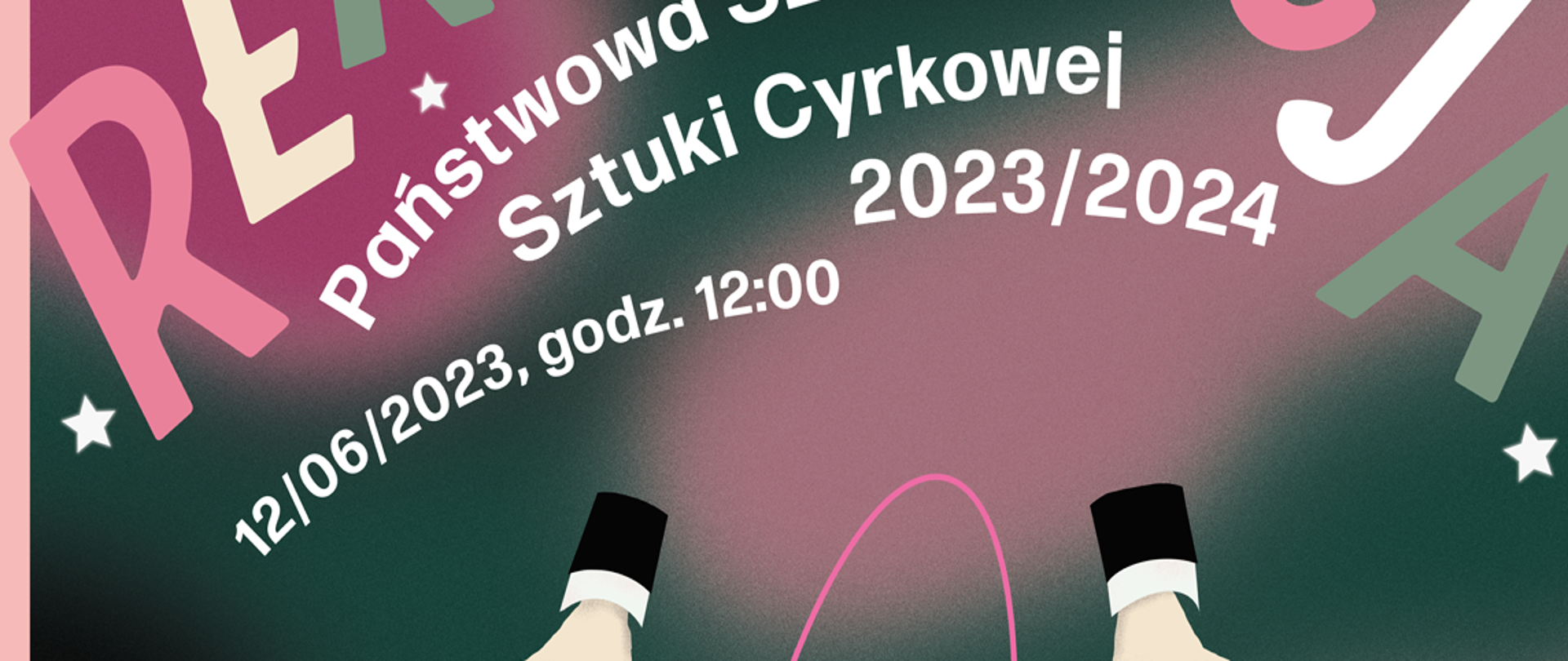 kobieta w czarno-srebrnej krótkiej sukience lewitująca pod dłońmi iluzjonisty, w tle różowe, fioletowe czarne niebo i białe gwiazdki